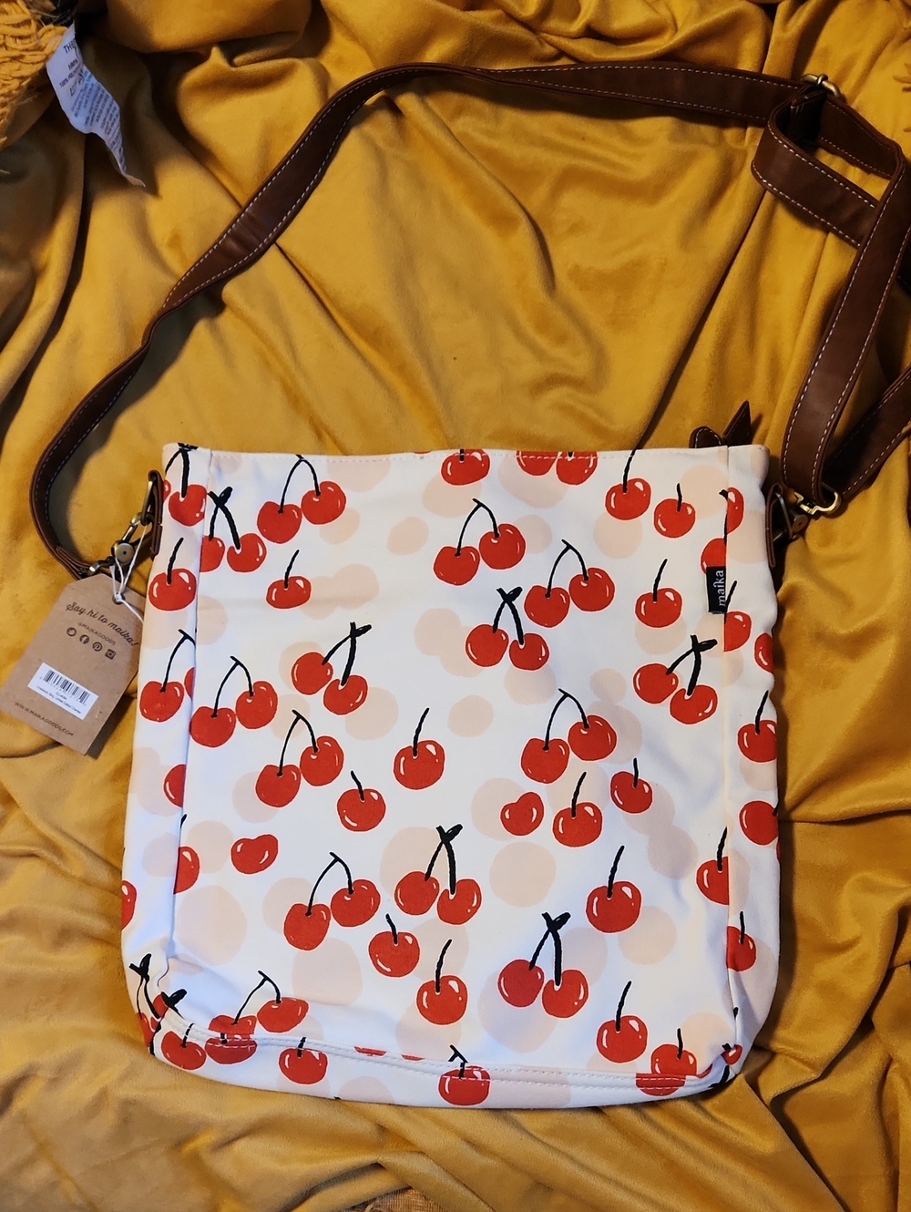 Maika White Crossbody Bag with Red Cherry Print